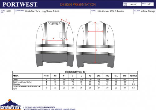Tricou cu maneci lungi Hi-Vis, doua tonuri, galben/navy, regular, Cotton Comfort, Portwest